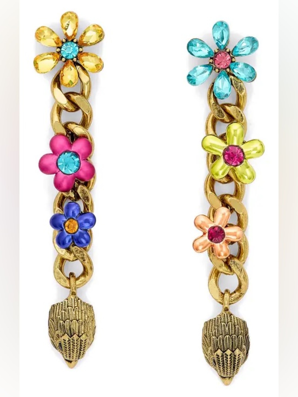 Kurt Geiger Gold Chain Floral Drop Earrings with Multicolor Enamel